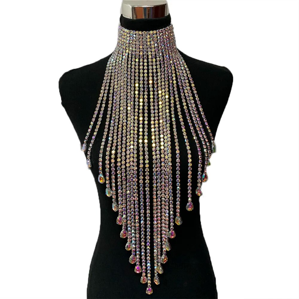 Long Tassel Rhinestone Statement Necklace Choker