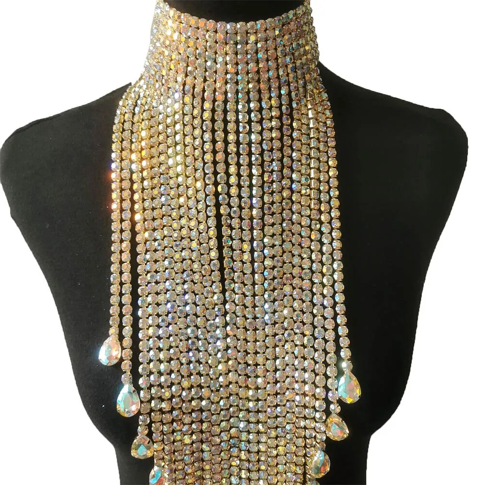 Long Tassel Rhinestone Statement Necklace Choker