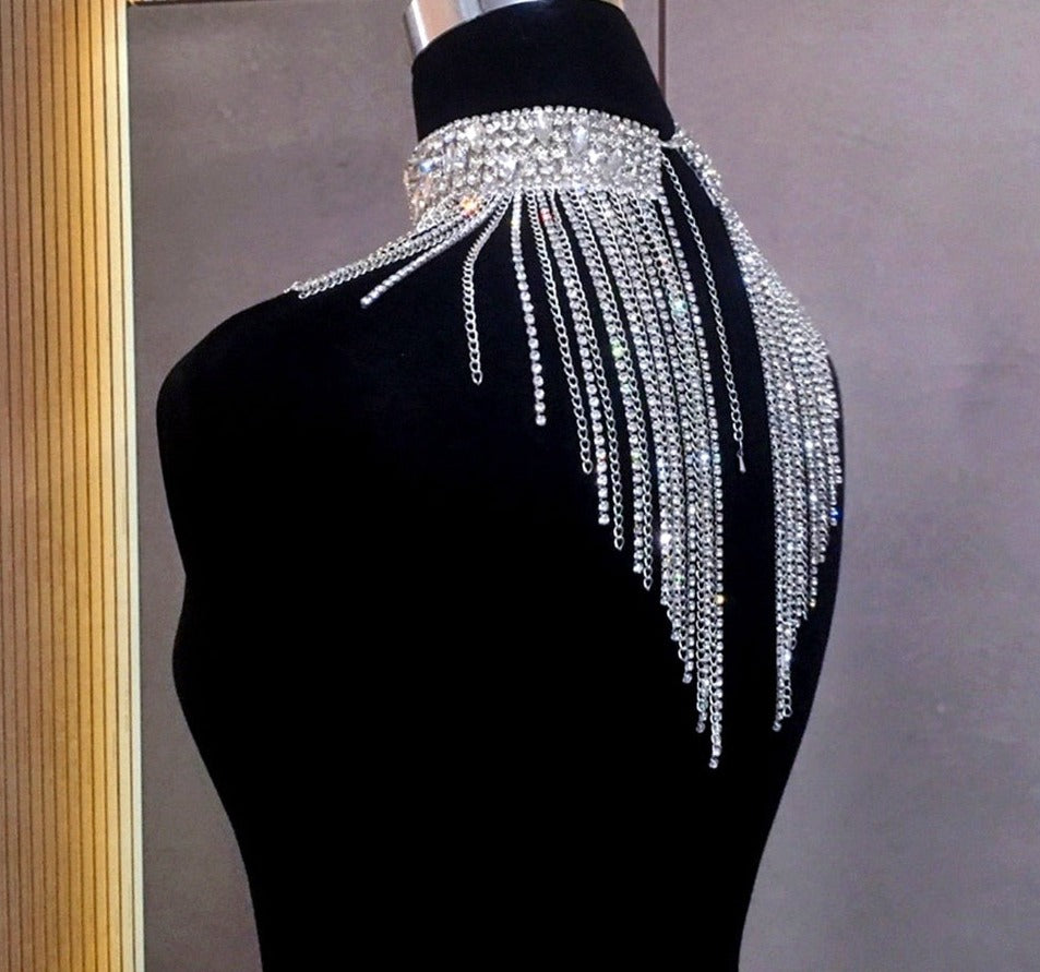 Long Tassel Fringe Rhinestone and Chain Necklace