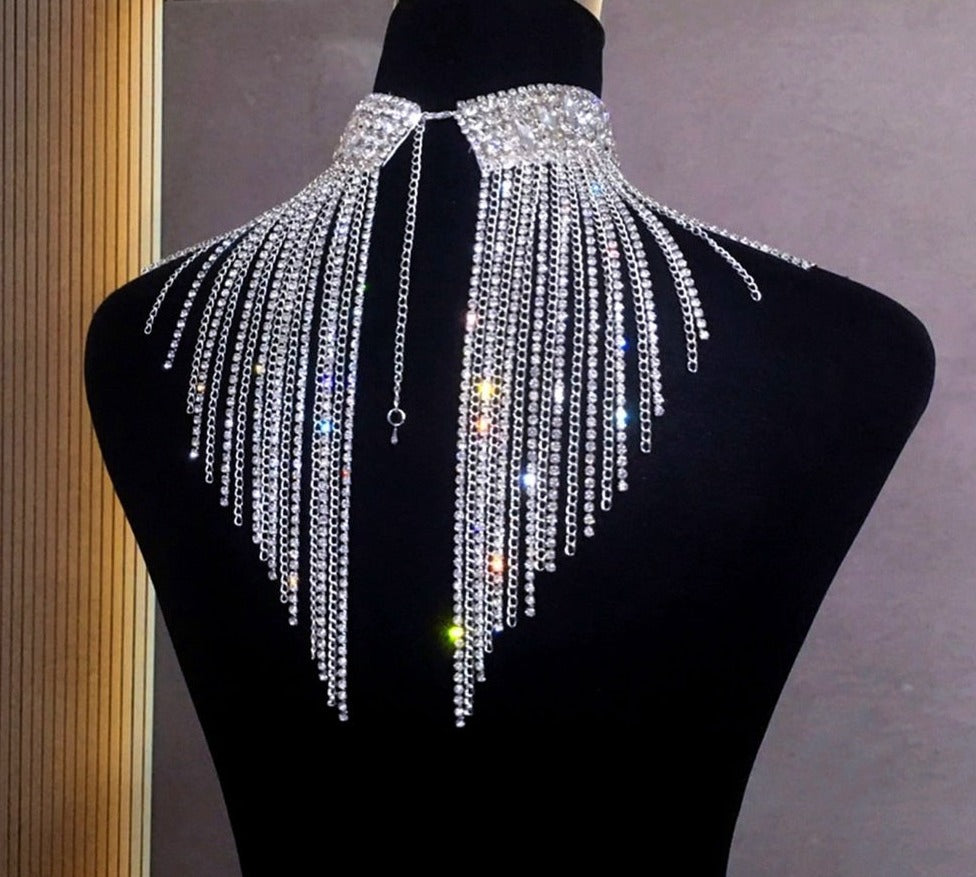 Long Tassel Fringe Rhinestone and Chain Necklace