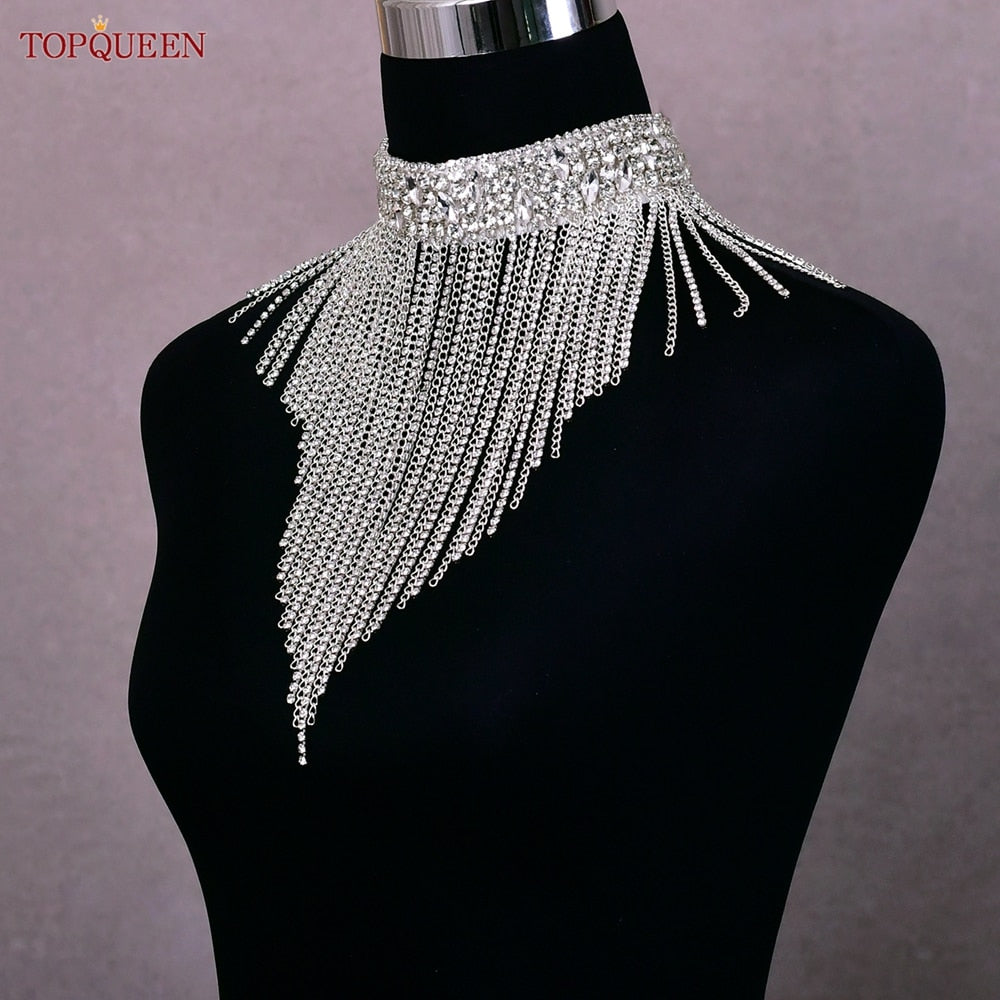 Long Tassel Fringe Rhinestone and Chain Necklace