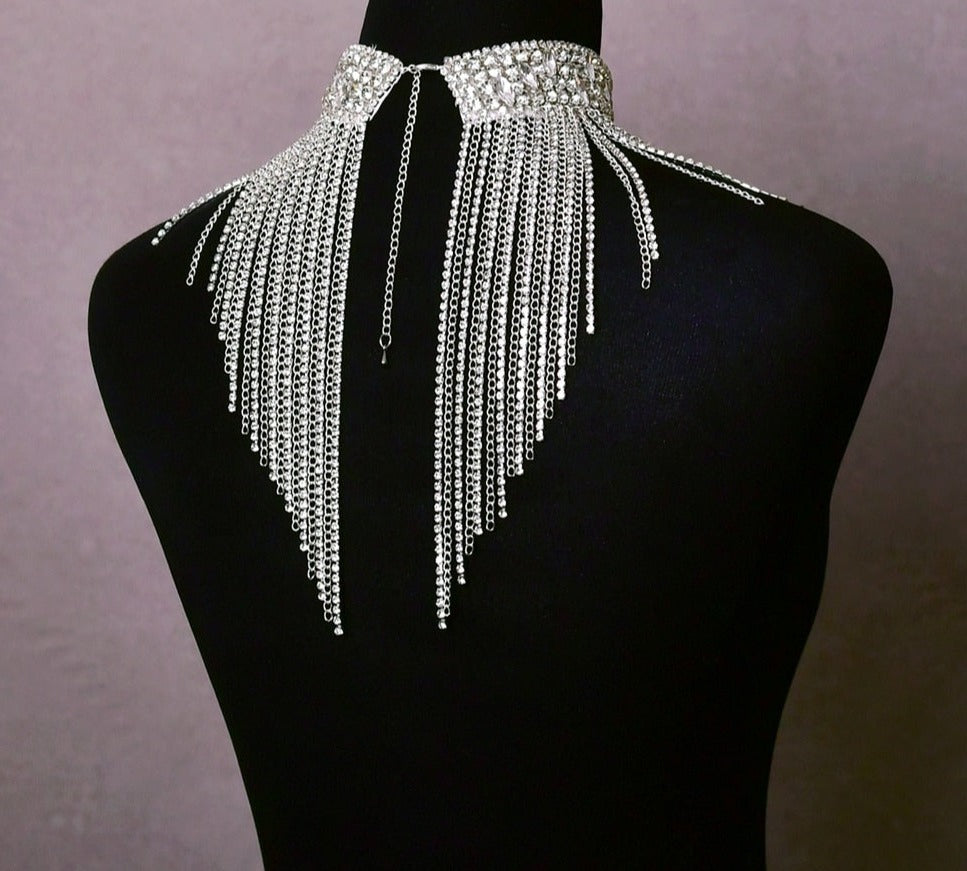 Long Tassel Fringe Rhinestone and Chain Necklace