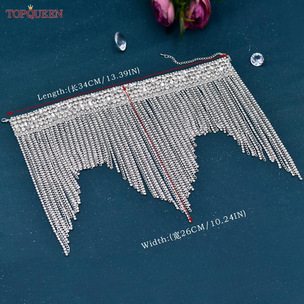 Long Tassel Fringe Rhinestone and Chain Necklace