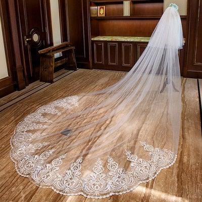 Cathedral Veil with Lace Appliques and Comb - VeilsGalore