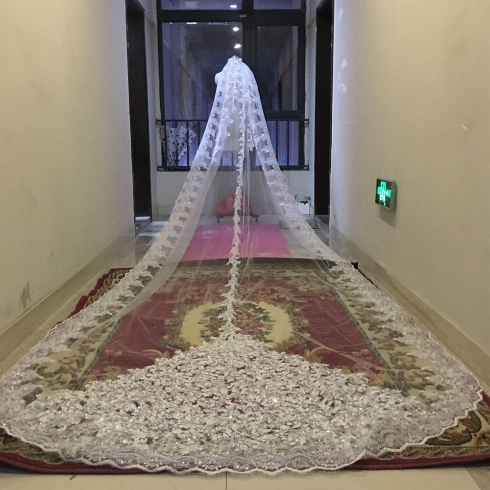 Sequins Cathedral Veil with Lace Edge and Metal Comb