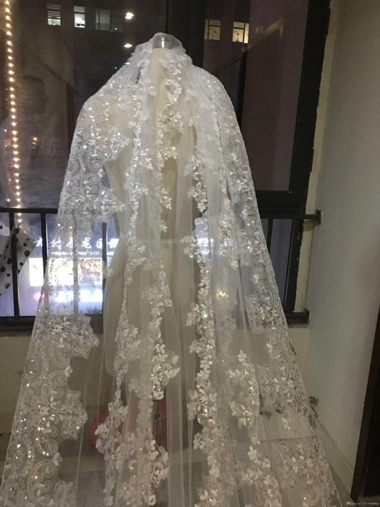 Sequins Cathedral Veil with Lace Edge and Metal Comb