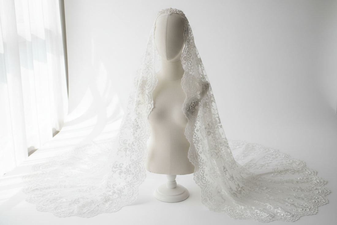 Delicate white lace wedding veil, fingertip length, intricate floral lace pattern, elegant bridal accessory