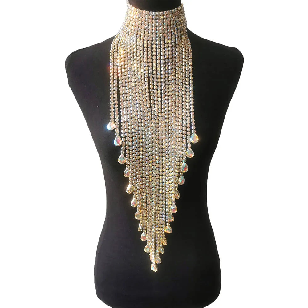 Long Tassel Rhinestone Statement Necklace Choker