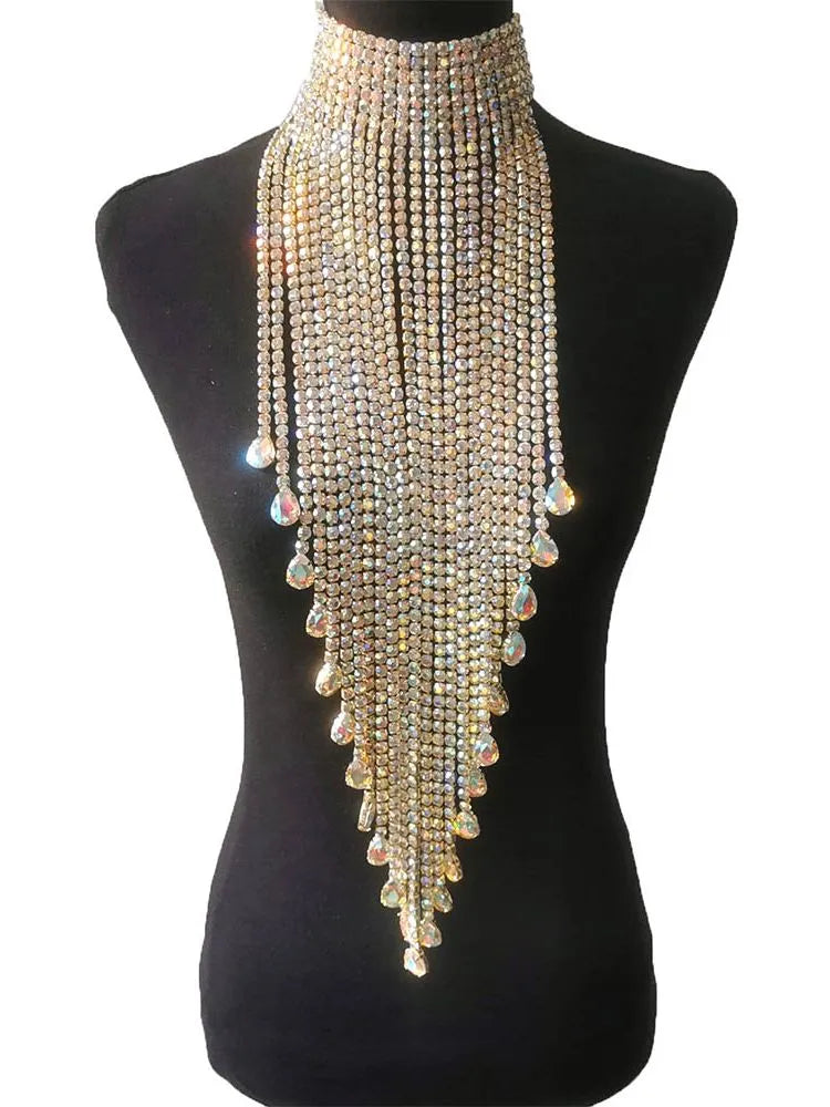 Long Tassel Rhinestone Statement Necklace Choker