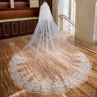 Cathedral Veil with Lace Appliques and Comb - VeilsGalore 
