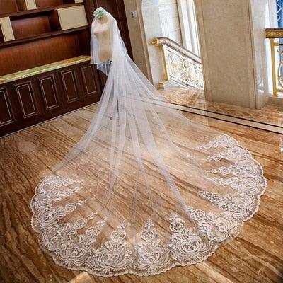 Cathedral Veil with Lace Appliques and Comb - VeilsGalore 