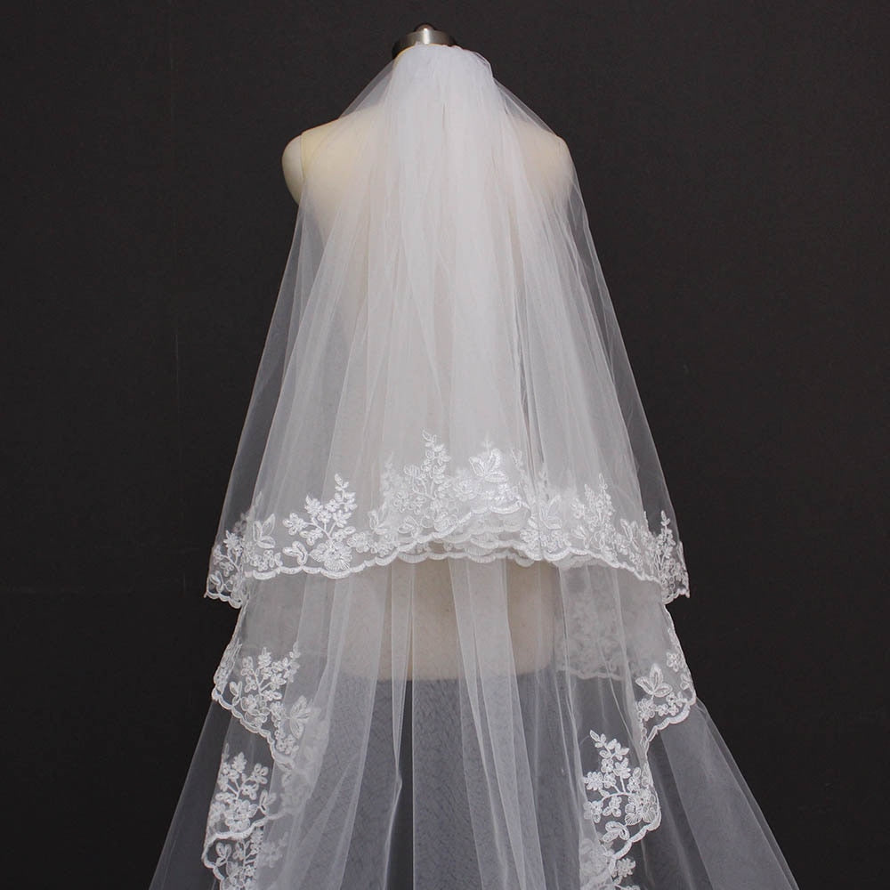 2 Layer Lace Cathedral Veil with Blusher and Comb