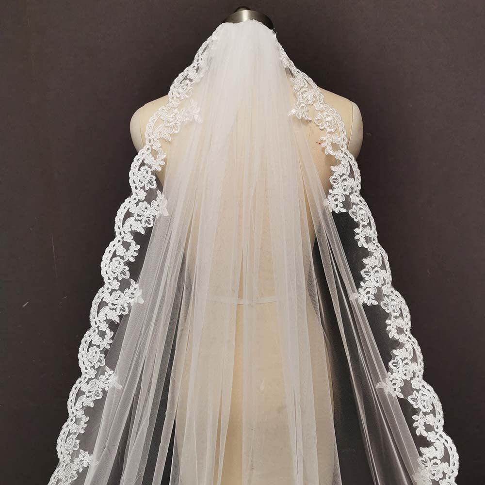 Long Lace Bridal Veil With Comb - VeilsGalore 