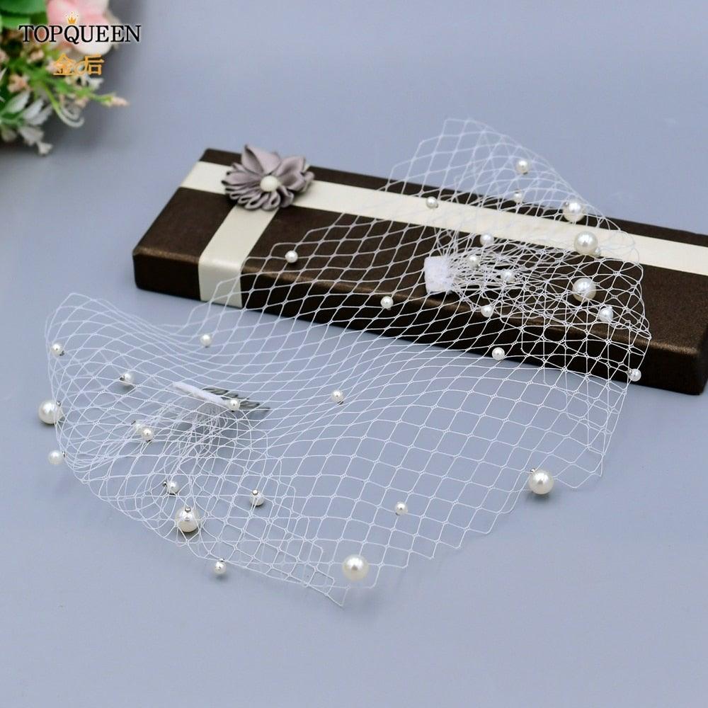 Birdcage Veil w/ Hand Applied Pearl Beads - VeilsGalore 