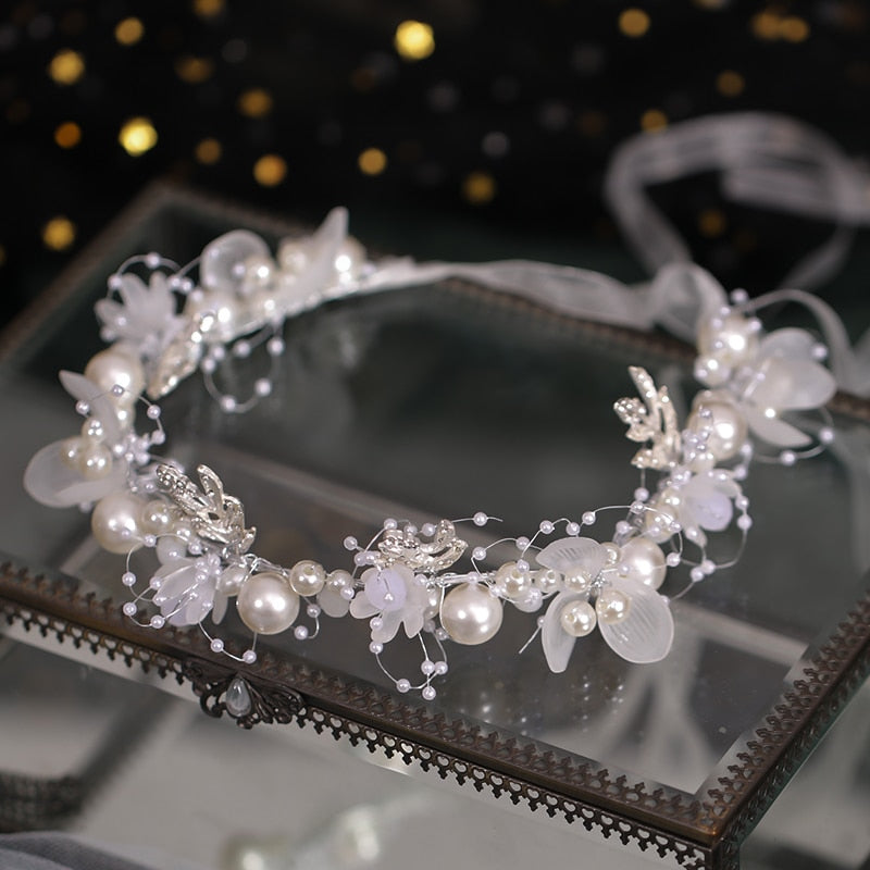 Silver & Pearl Tiara with Handmade Ribbon Jewelry