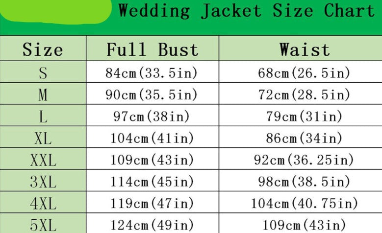 Wedding Jacket and Bridal Jacket Chart 